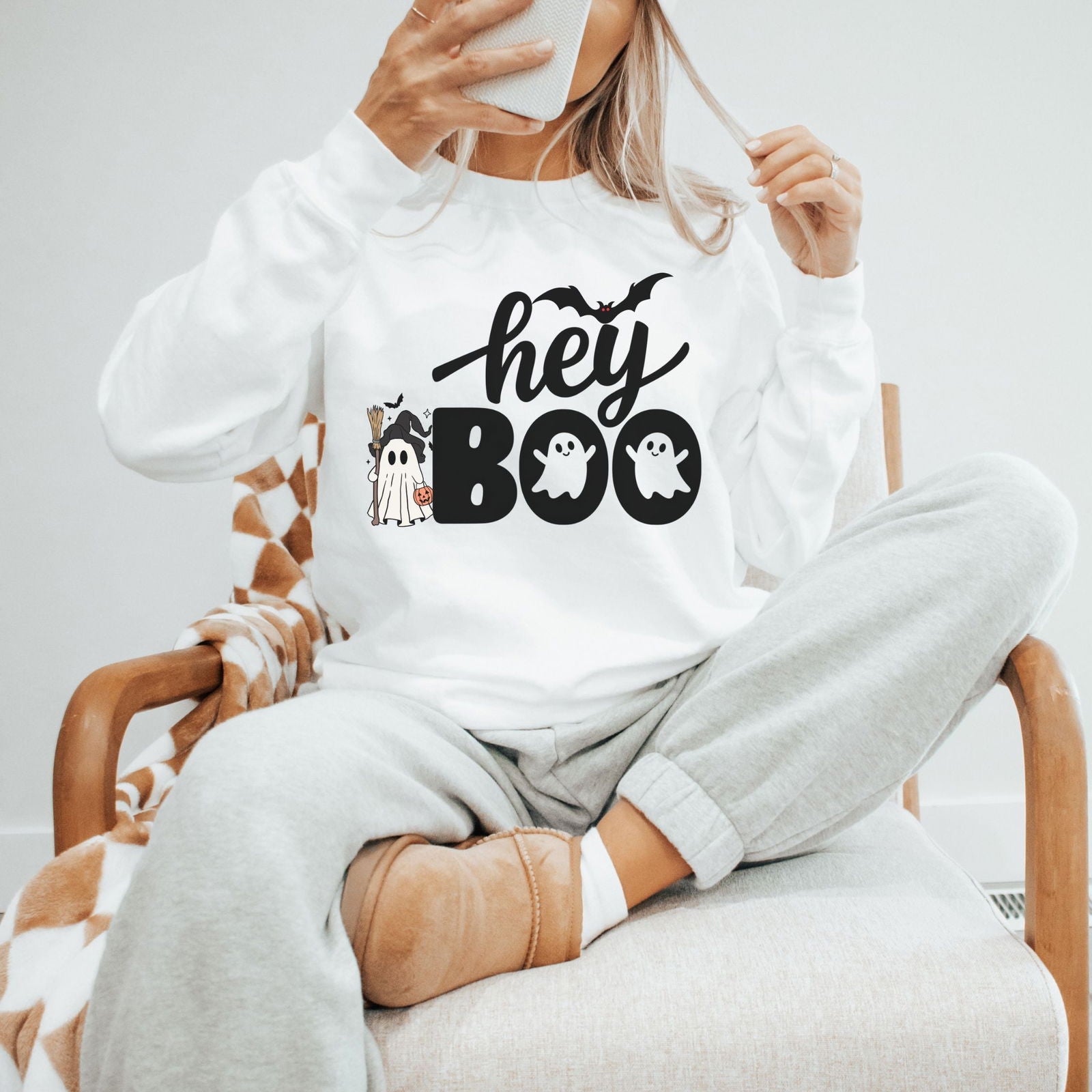 Hey Boo Halloween Sweatshirt Sweatshirt Printify