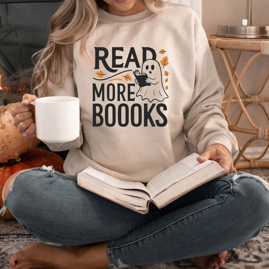 Bookworm Ghost: Spooky Halloween Sweatshirt Sweatshirt Printify