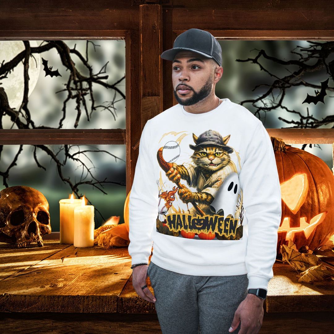 Halloween Kitty: Playful Baseball Cat Crewneck Sweatshirt Sweatshirt Printify