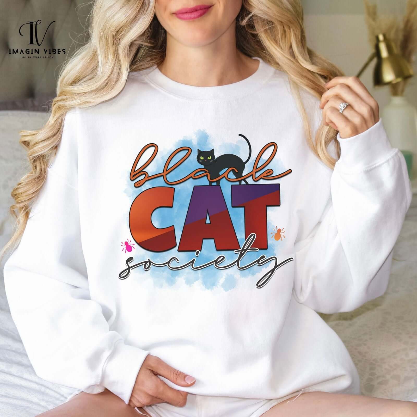 Black Cat Society Sweatshirt: Spooky Halloween Apparel Sweatshirt Printify L White