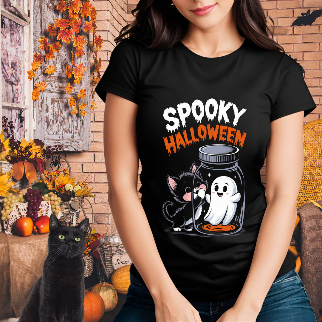 Spooky Cat & Ghost Halloween T-Shirt T-Shirt Printify