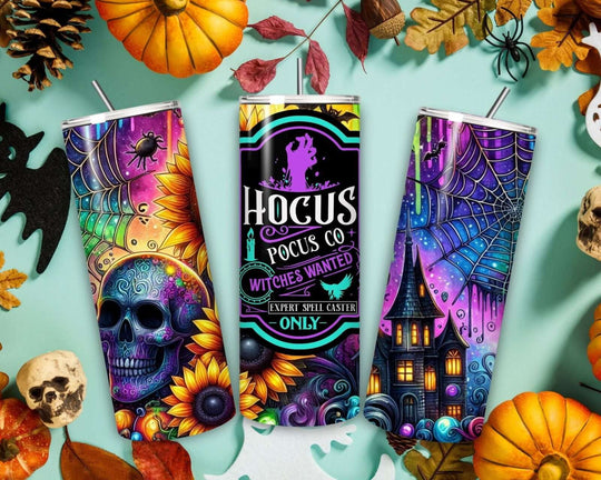 20oz Stainless Steel Tumbler — Halloween Skulls, Sunflowers & Haunted House Mug Printify Black 20oz