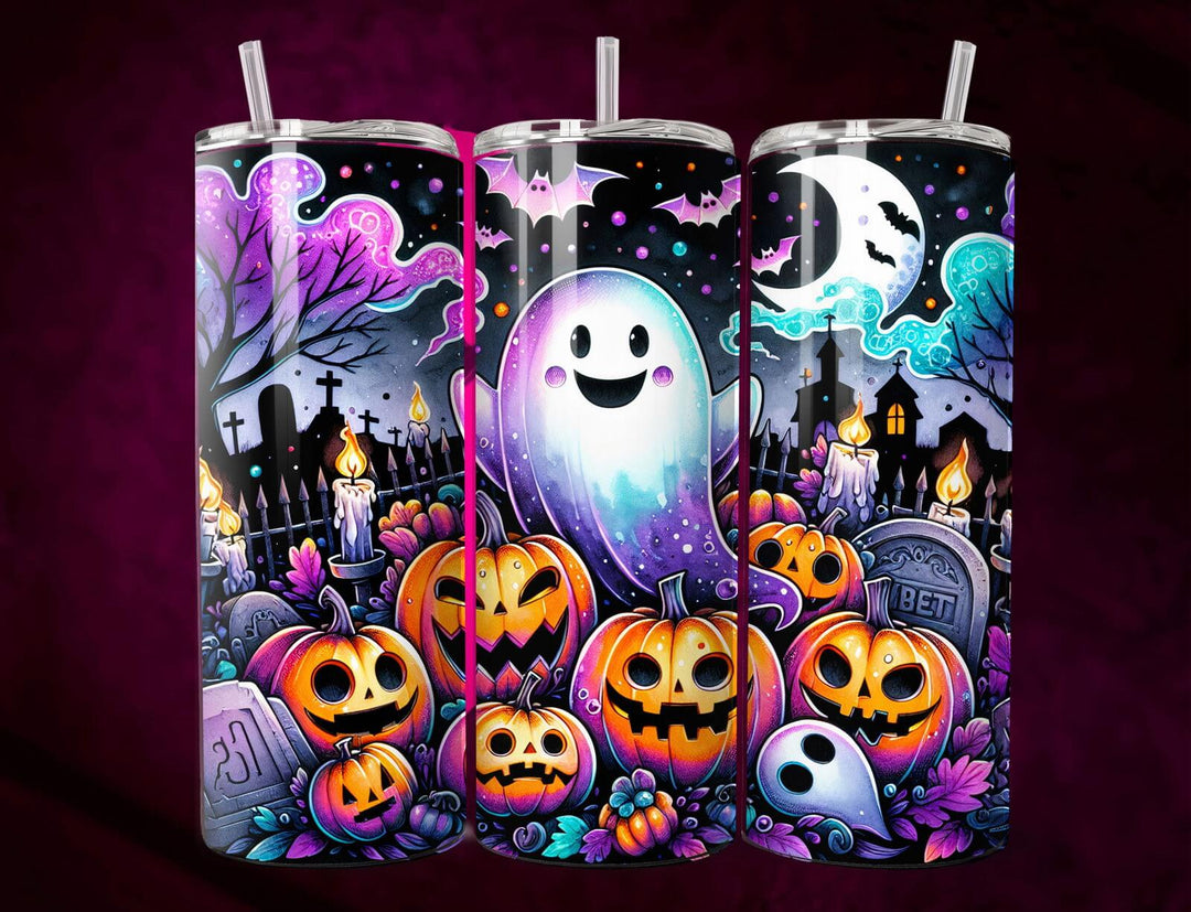 20oz Stainless Steel Tumbler — Halloween Ghosts, Jack‑o'Lanterns & Moon Glow Mug Printify Black 20oz