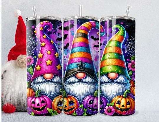 20oz Stainless Steel Tumbler — Cute & Spooky Gnomes with Pumpkins, Bats & Spiderwebs Mug Printify Black 20oz
