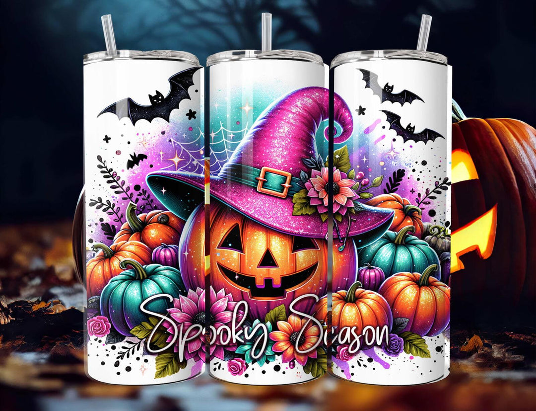 Spooky Season 20oz Stainless Steel Tumbler — Halloween Jack-o'-Lanterns & Bats Mug Printify White 20oz