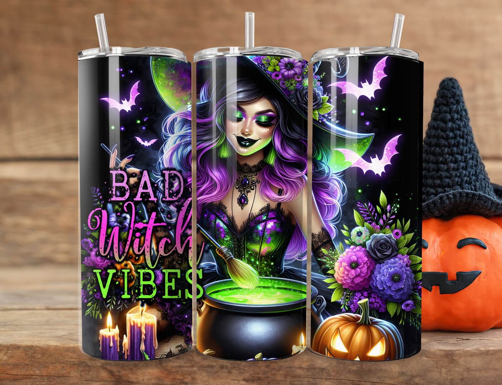 Bad Witch Vibes 20oz Stainless Steel Tumbler — Halloween Witch, Bats & Pumpkins Mug Printify Black 20oz
