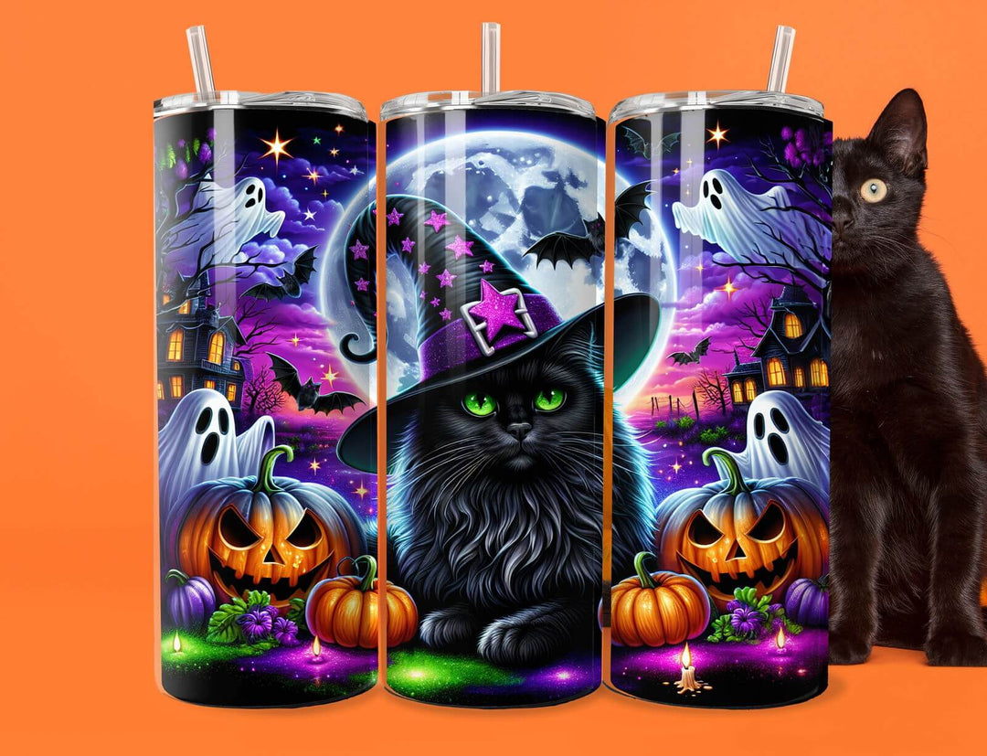 Halloween Tumbler — 20oz Stainless Steel with Black Cats, Ghosts & Haunted House Mug Printify Black 20oz