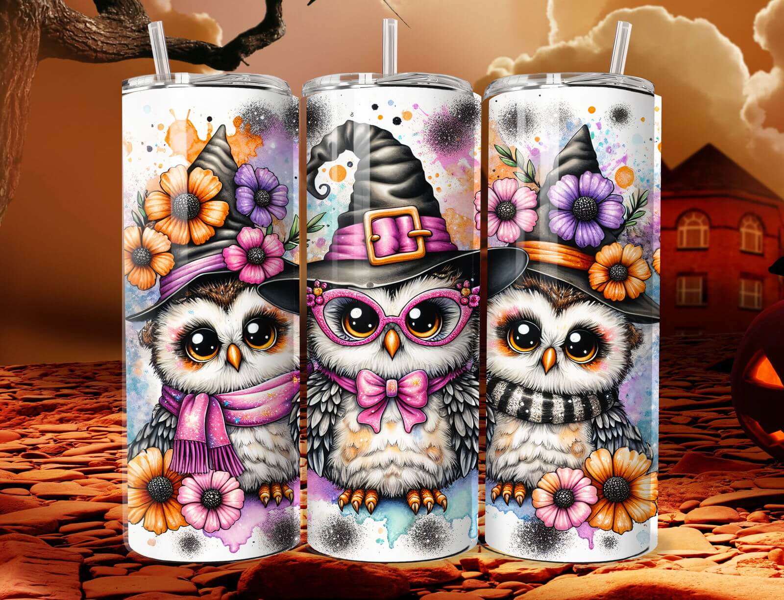 20oz Stainless Steel Tumbler — Cute Witch Owl Halloween Design with Pumpkins & Haunted House Mug Printify White 20oz