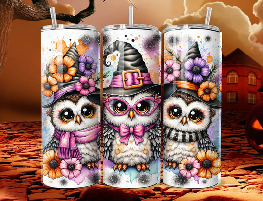 20oz Stainless Steel Tumbler — Cute Witch Owl Halloween Design with Pumpkins & Haunted House Mug Printify White 20oz