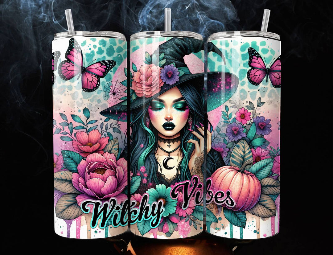 Witchy Vibes 20oz Stainless Steel Tumbler — Pastel Witch, Butterflies & Pumpkin Mug Printify White 20oz