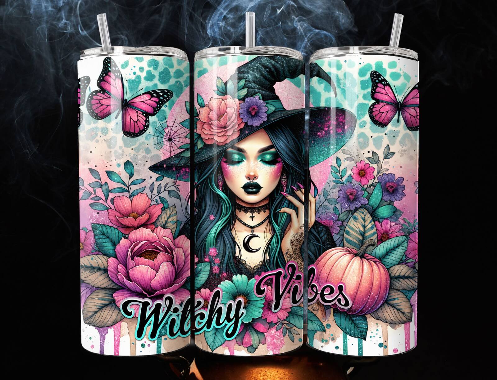 Witchy Vibes 20oz Stainless Steel Tumbler — Pastel Witch, Butterflies & Pumpkin Mug Printify White 20oz