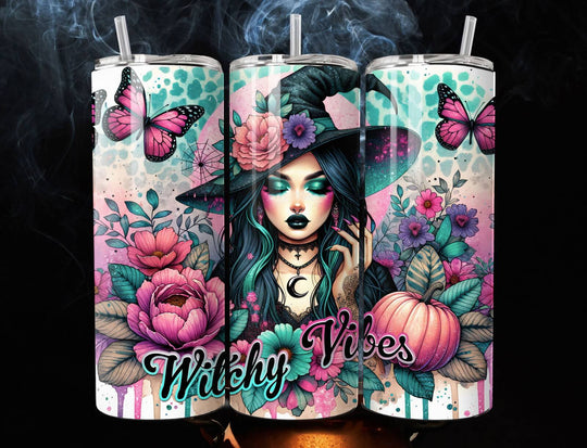 Witchy Vibes 20oz Stainless Steel Tumbler — Pastel Witch, Butterflies & Pumpkin Mug Printify White 20oz