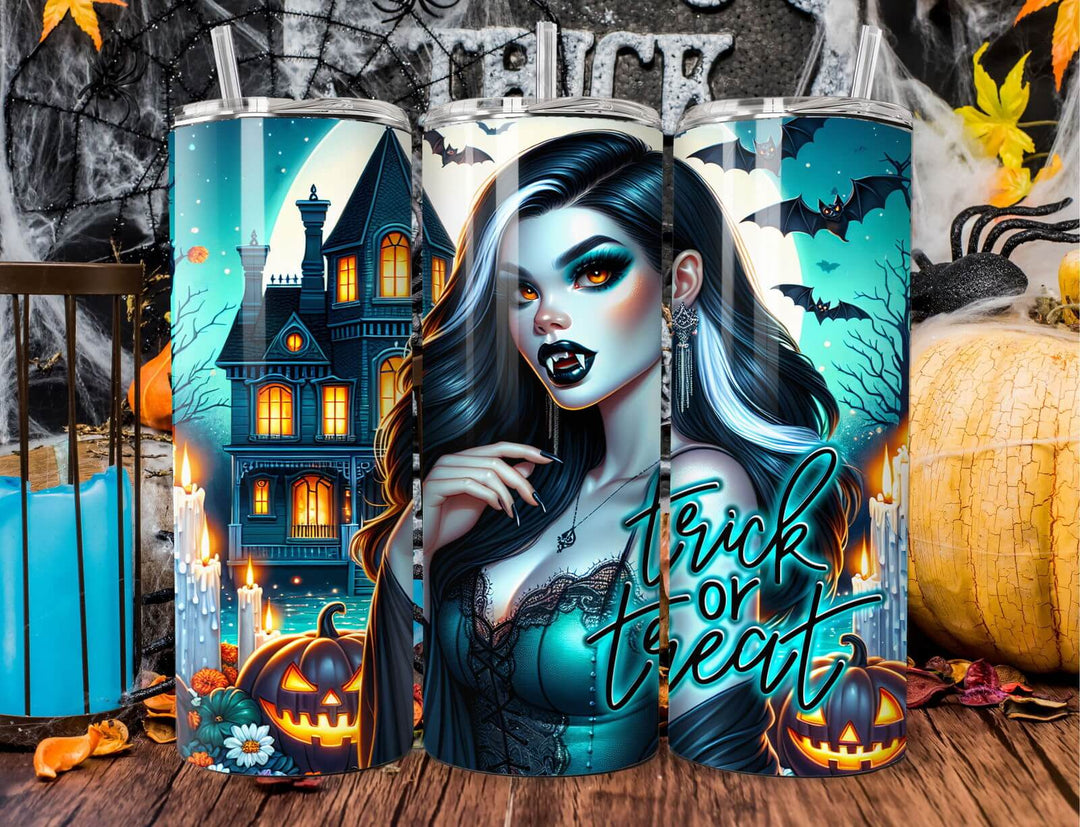 Halloween Vampire Tumbler 20oz — 'Trick or Treat' Haunted House Mug Printify White 20oz