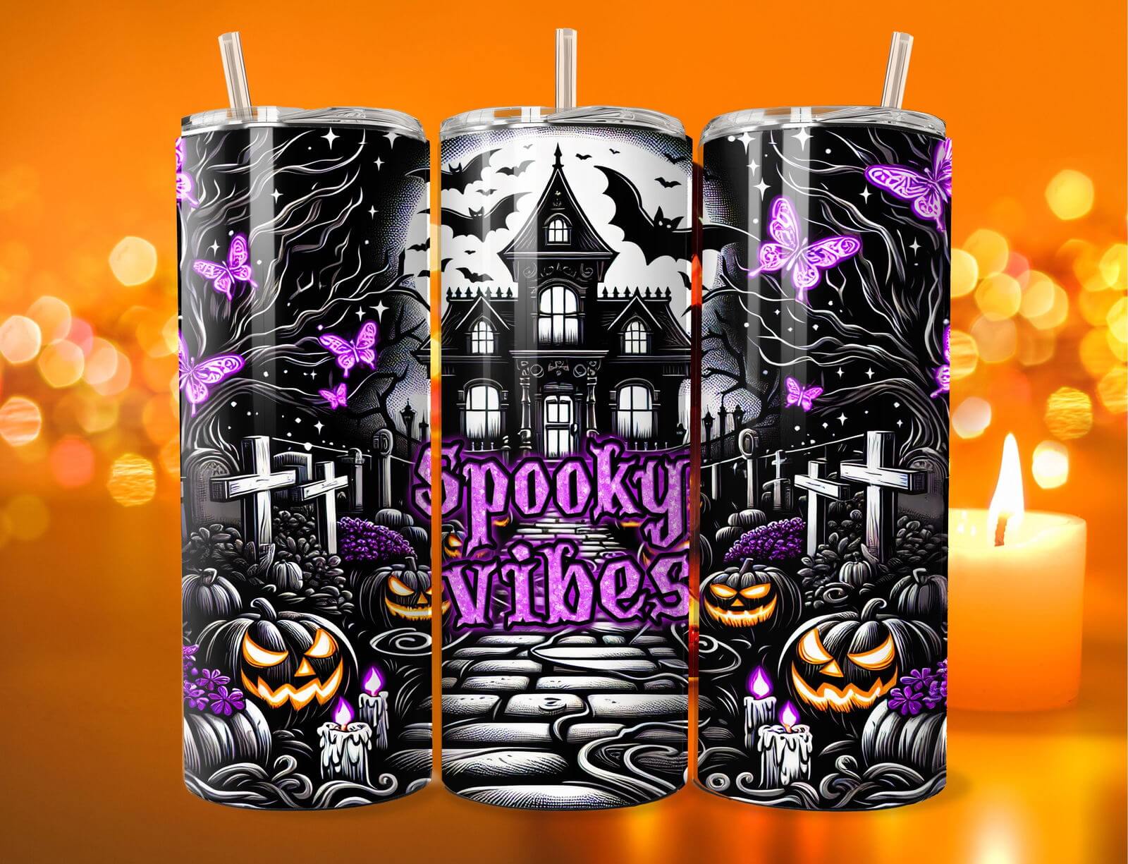 Spooky Vibes 20oz Stainless Steel Tumbler — Haunted Houses, Bats & Pumpkins Mug Printify Black 20oz