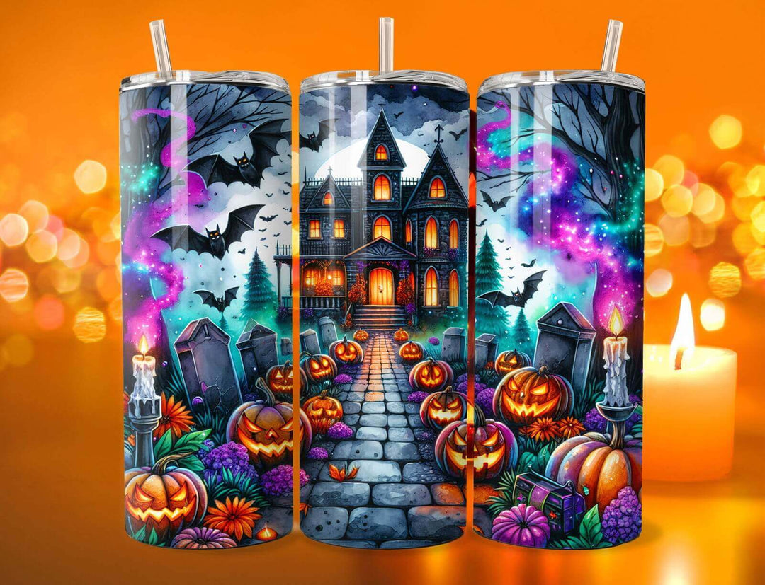20oz Stainless Steel Tumbler — Haunted House Halloween (bats, tombstones, Jack-o'-lanterns) Mug Printify Black 20oz