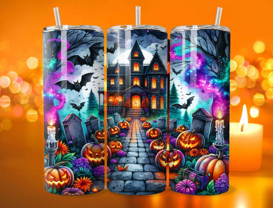 20oz Stainless Steel Tumbler — Haunted House Halloween (bats, tombstones, Jack-o'-lanterns) Mug Printify Black 20oz