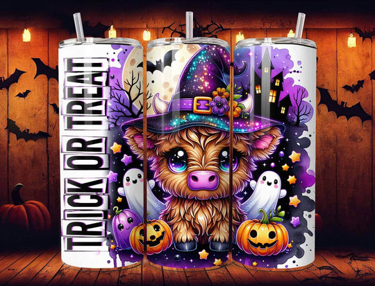 Cute Witch Highland Cow Halloween Stainless Steel Tumbler, 20oz Mug Printify White 20oz