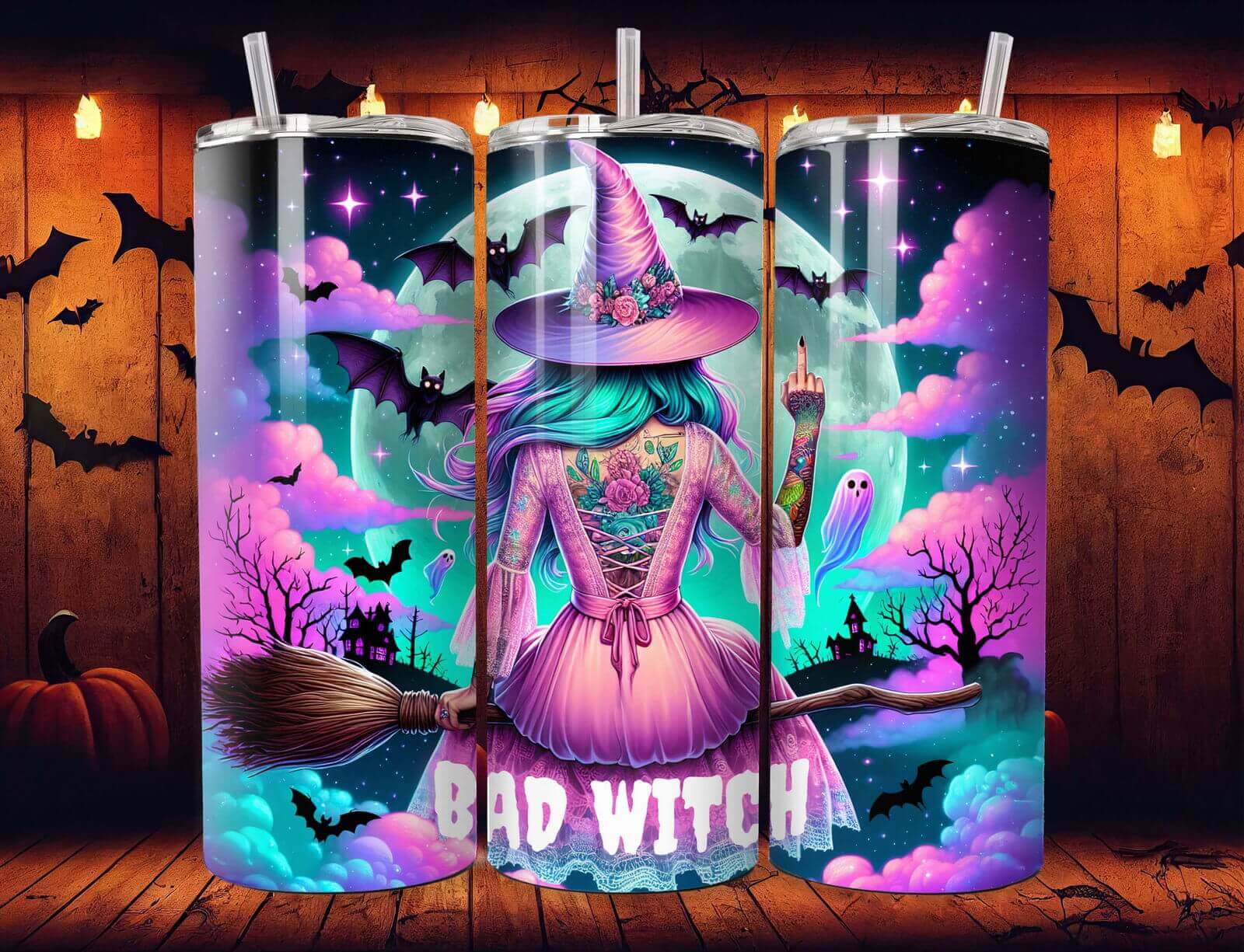 Bad Witch 20oz Stainless Steel Tumbler — Cute Ghosts, Pumpkins & Bats Halloween Travel Mug Mug Printify Black 20oz