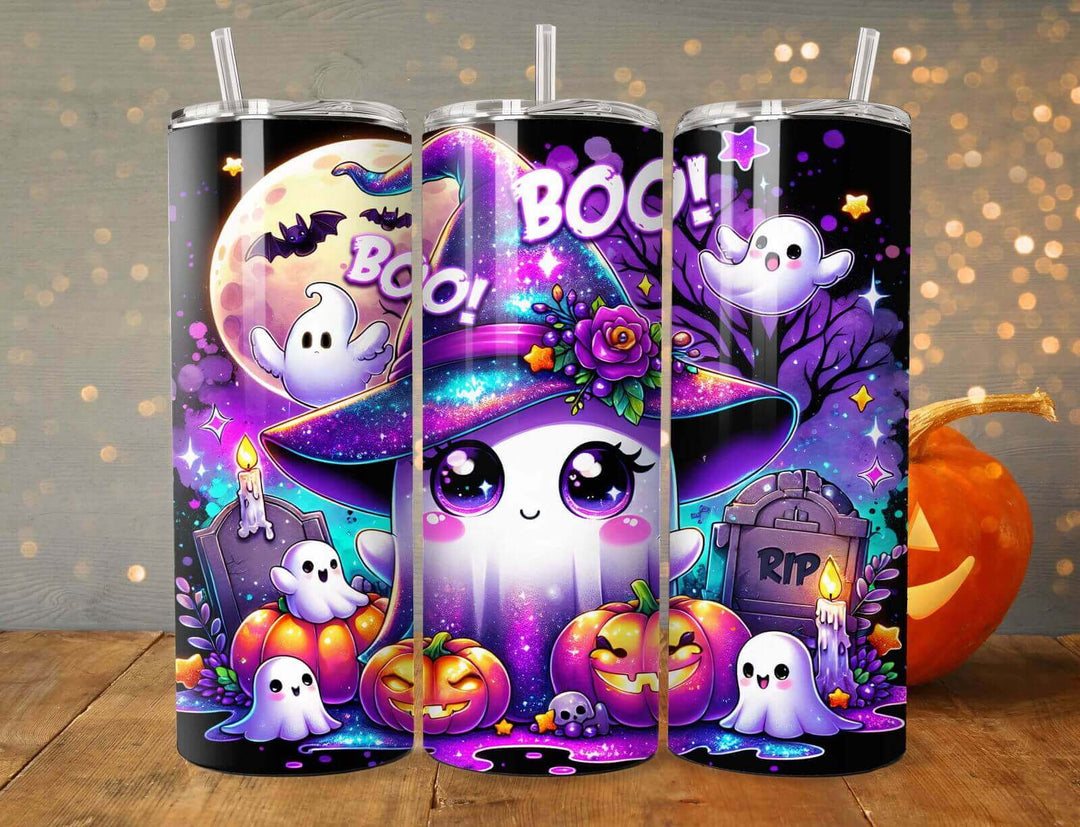 20oz Stainless Steel Tumbler – Halloween 'boo boo!' Ghosts, Pumpkins & Bats Mug Printify White 20oz