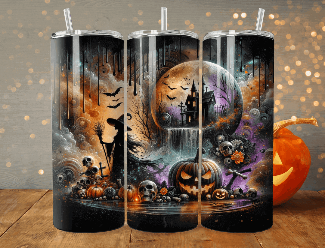 Halloween Gothic Tumbler — Witch Silhouettes, Haunted Houses & Pumpkins (20oz Stainless Steel) Mug Printify Black 20oz