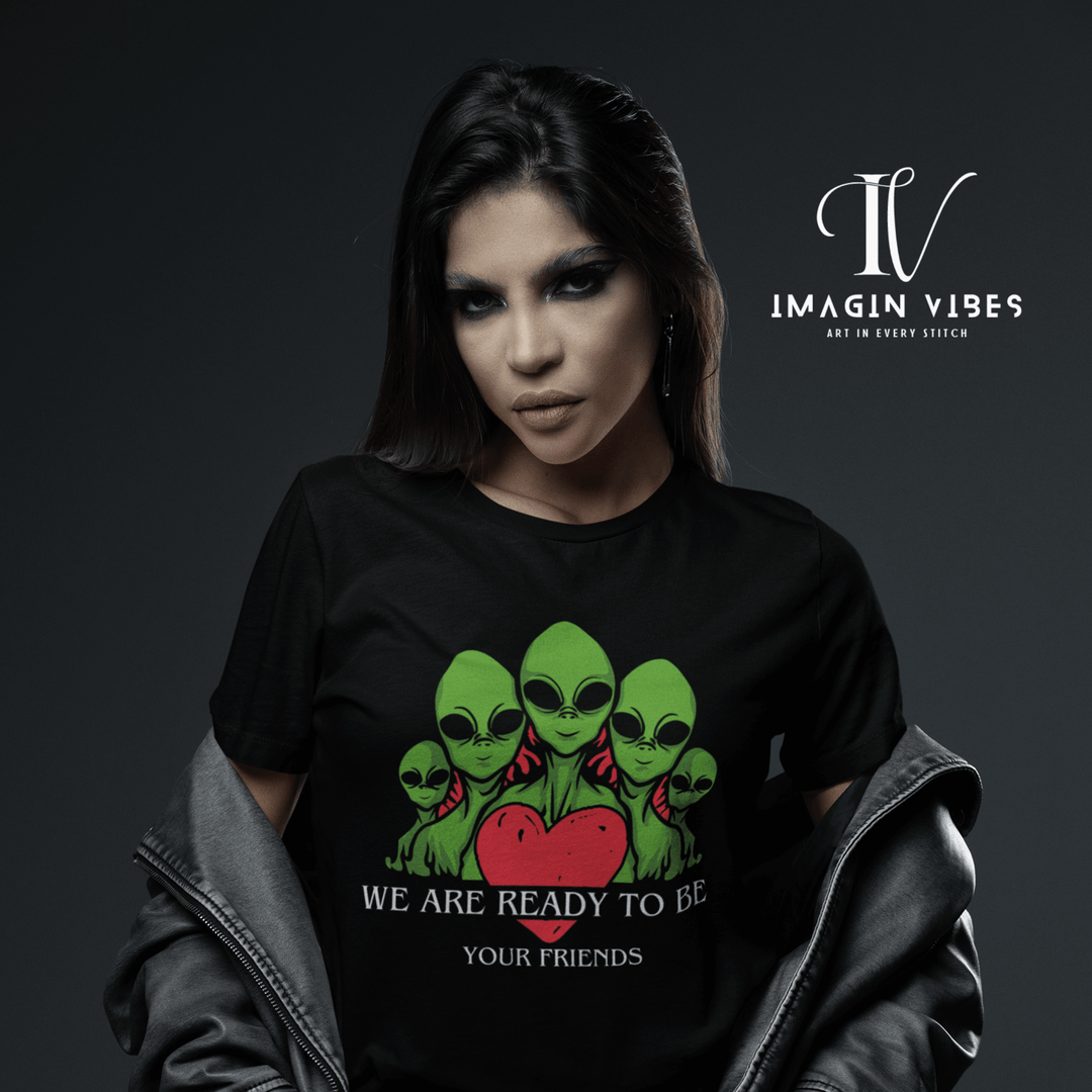"We Are Ready To Be Your Friends" UFO T-Shirt — Alien Graphic Tee T-Shirt Printify Black S