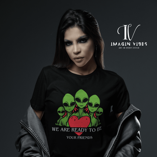 "We Are Ready To Be Your Friends" UFO T-Shirt — Alien Graphic Tee T-Shirt Printify Black S