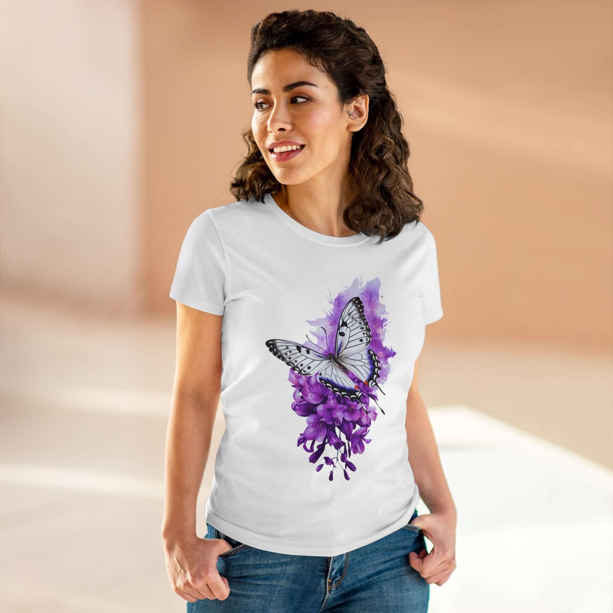 Butterfly Cotton Tee - Watercolor Purple Floral T-Shirt Printify