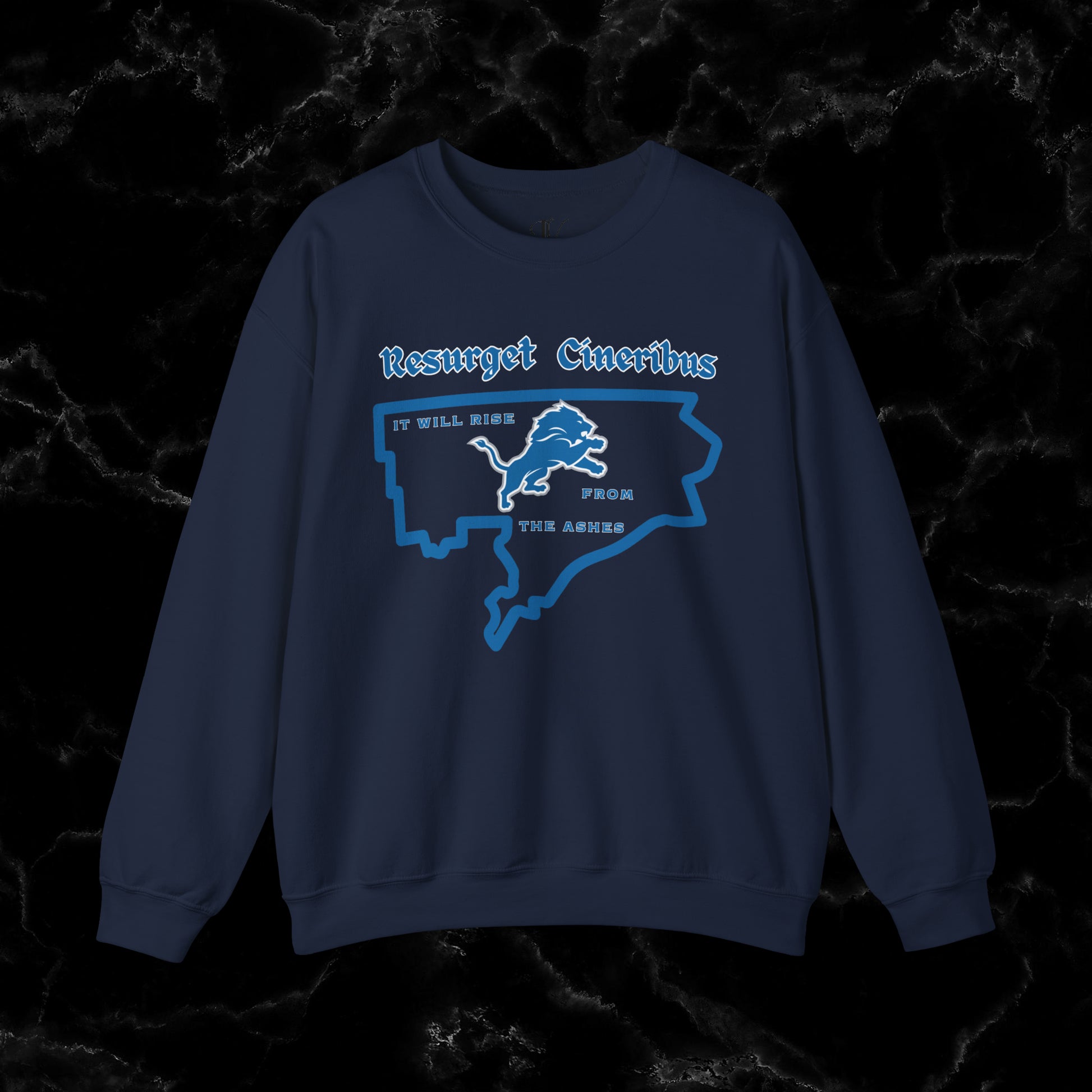 Resurget Cineribus Unisex Crewneck Sweatshirt - Latin Inspirational Gifts for Detroit Sports Football Fans Sweatshirt S Navy 