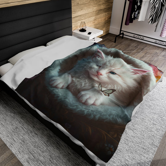 Plush Blanket - White Fluffy Cat and Butterflies All Over Prints Printify