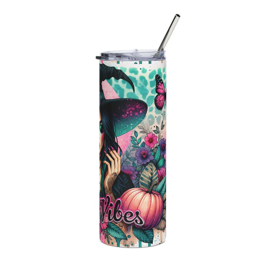 Witchy Vibes 20oz Stainless Steel Tumbler — Pastel Witch, Butterflies & Pumpkin Mug Printify