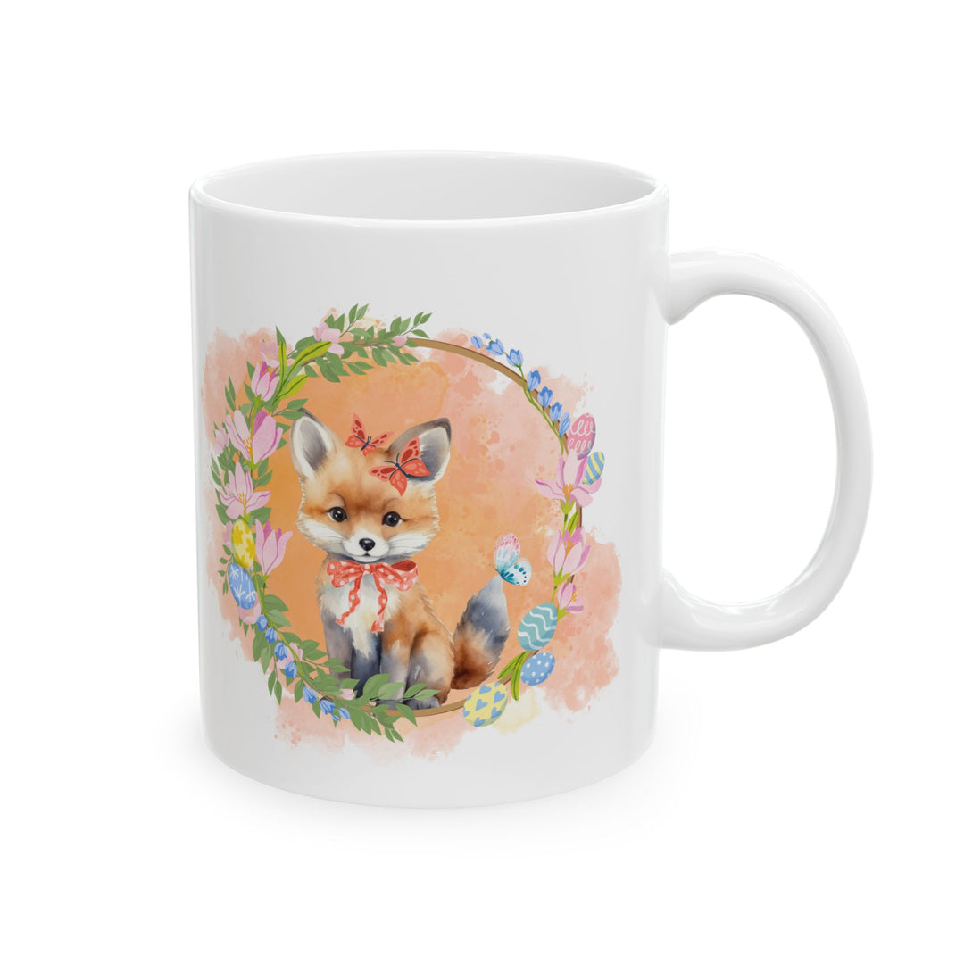 Fox Ceramic Mug - Easter Springtime Floral Wreath Mug Printify