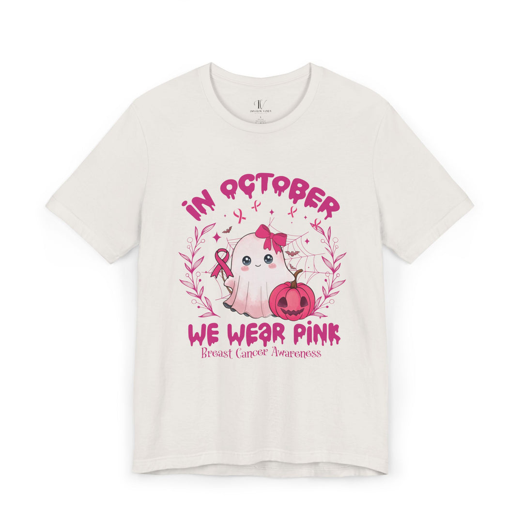 Cute Spooky Ghost Breast Cancer Support "In October We Wear Pink" T-Shirt