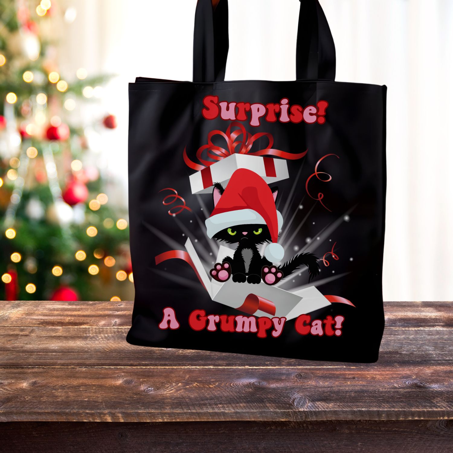 Meowy Catmas Tote Bag - Funny Black Cat Totes, Christmas Lights, Grumpy Cat Design Accessories   