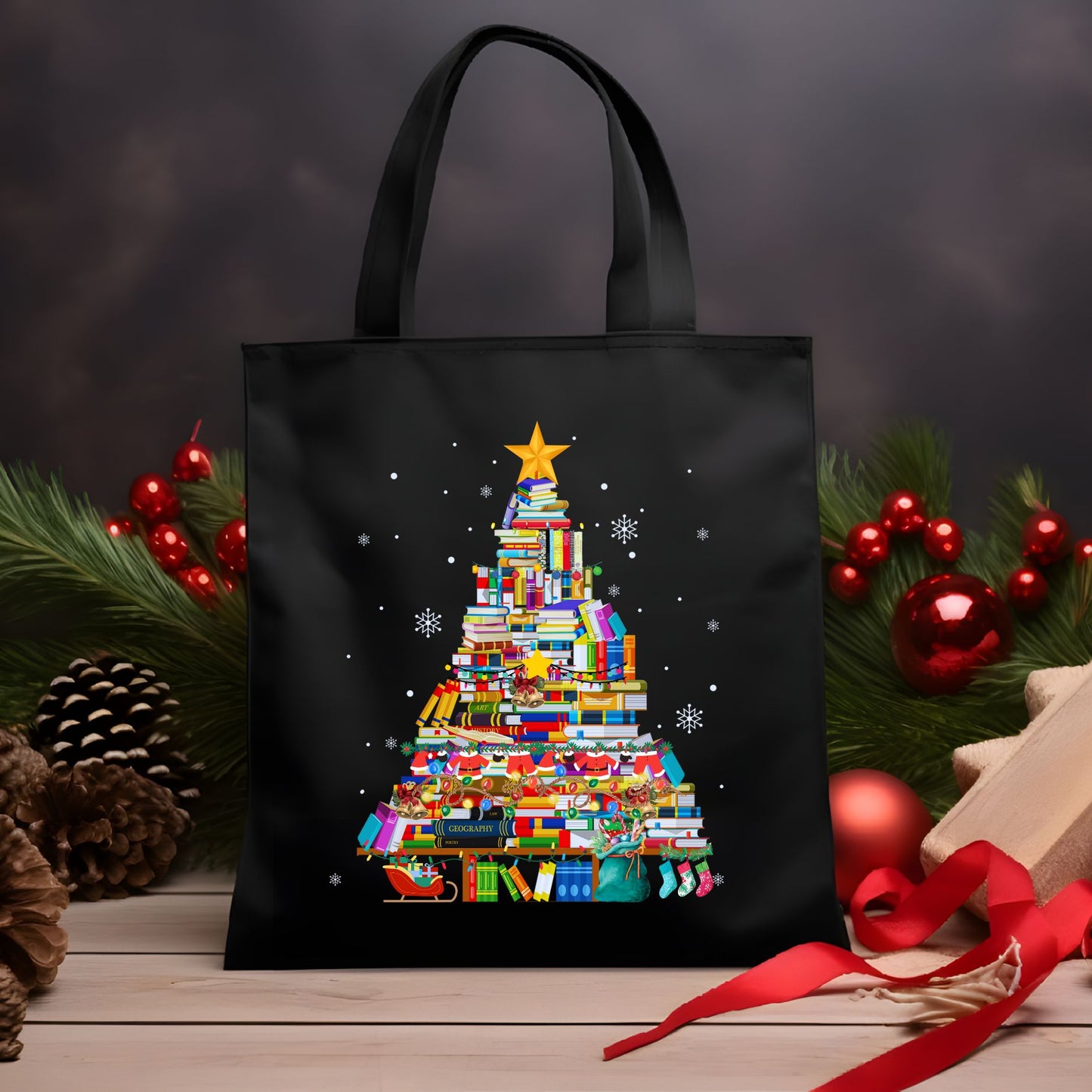 Christmas Tote Bag | Librarian and Teacher Holiday Gift | Festive Carryall with Christmas Book Tree Design Bags   