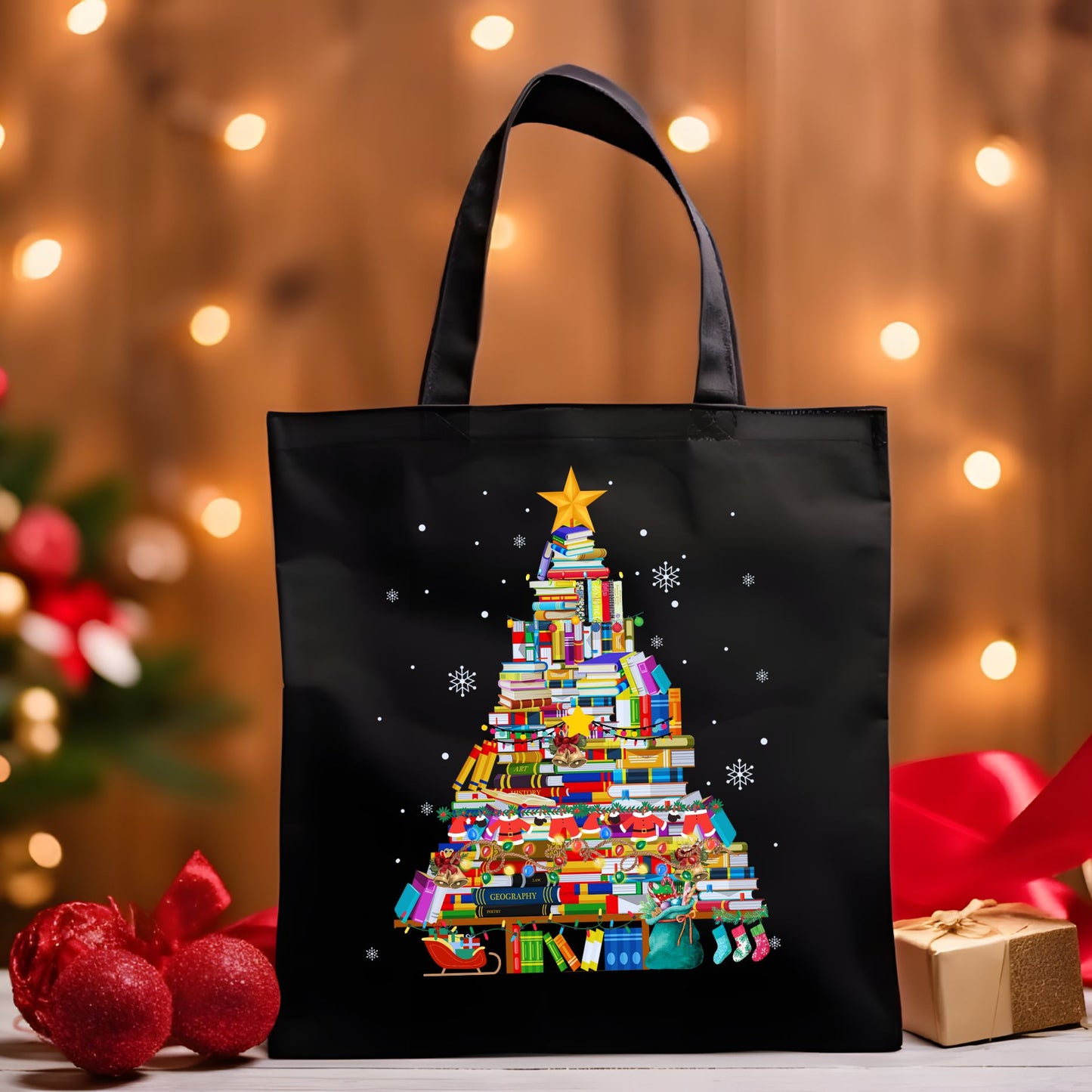 Christmas Tote Bag | Librarian and Teacher Holiday Gift | Festive Carryall with Christmas Book Tree Design Bags   