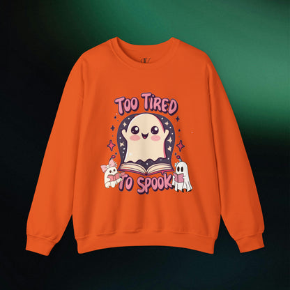 Ghost Reading Books Sweater | Bookish Halloween Sweatshirt - Halloween Teacher Gift, Librarian Halloween Hoodie, Ghost Crewneck - 'Too Tired to Spook' Sweatshirt S Orange 