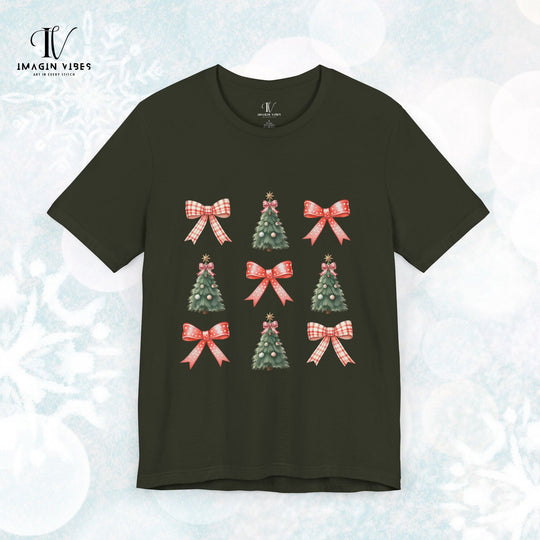 Coquette Bow Christmas Tree T-Shirt T-Shirt Printify Dark Olive XS