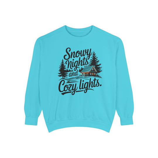 Snowy Nights and Cozy Lights Garment-Dyed Sweatshirt Sweatshirt Printify Lagoon Blue S