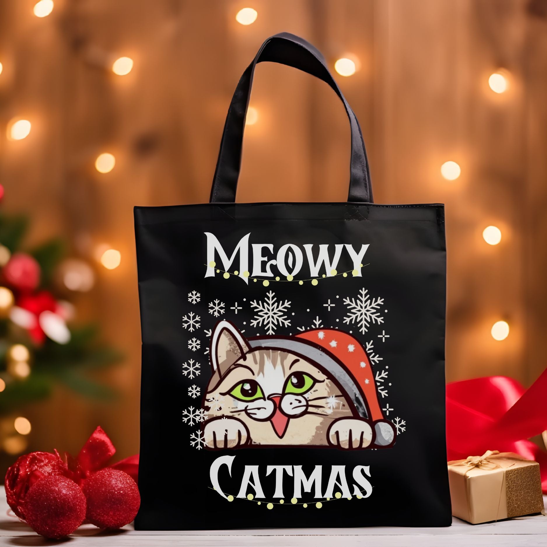 Meowy Catmas Tote Bag - Funny Christmas Cat Totes, Christmas Lights, Snow Cat Design Accessories   