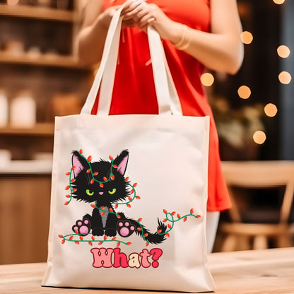 What Black Cat Tote Bag - Funny Black Cat Totes with Christmas Lights, Perfect Christmas Bags Accessories   