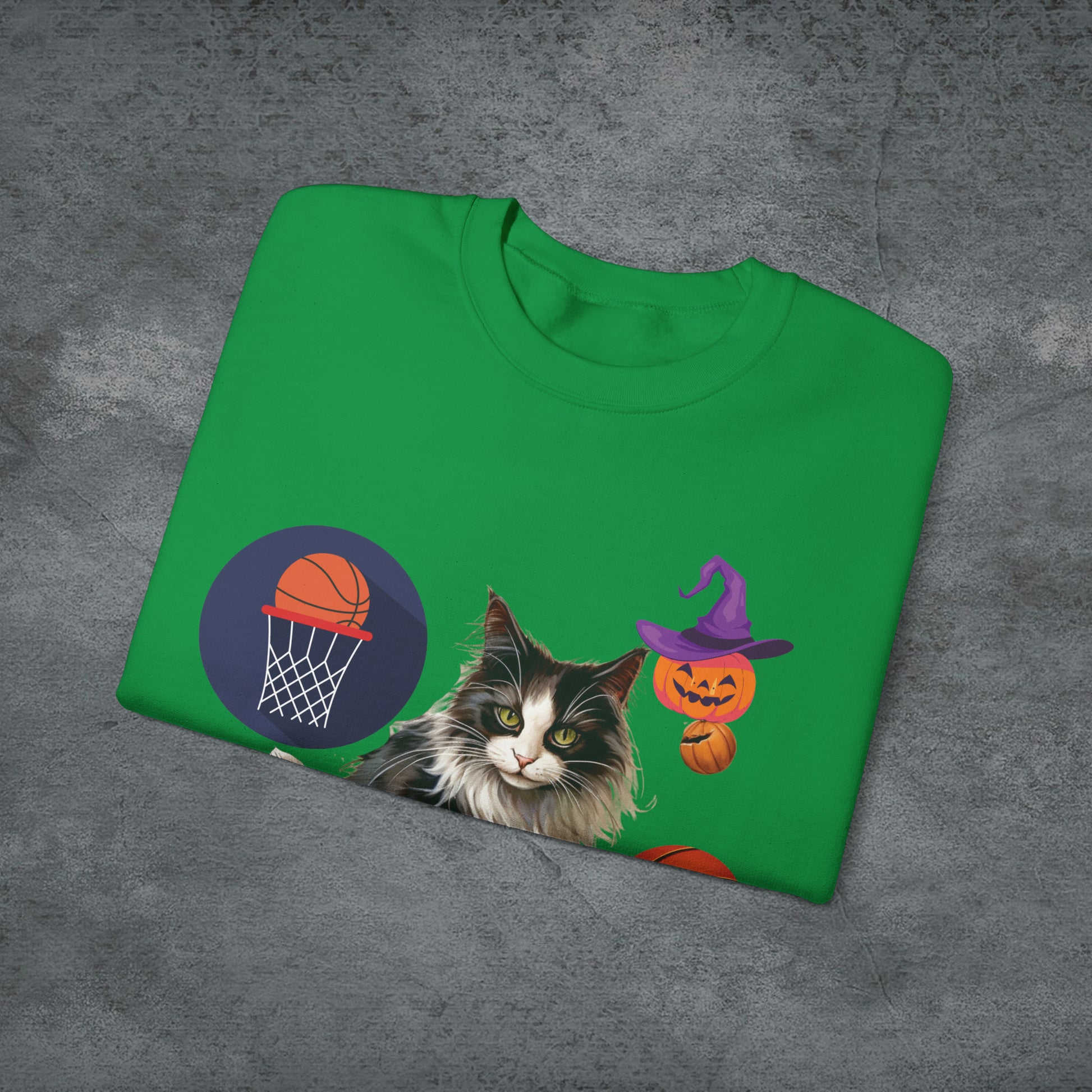 Halloween Cat Basketball Sweatshirt | Playful Feline and Pumpkins - Spooky Sports | Halloween Fun Sweatshirt Sweatshirt   