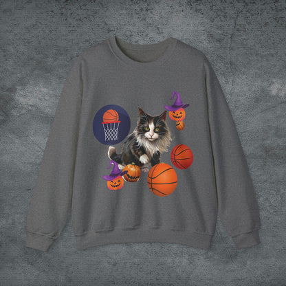 Halloween Cat Basketball Sweatshirt | Playful Feline and Pumpkins - Spooky Sports | Halloween Fun Sweatshirt Sweatshirt S Graphite Heather 