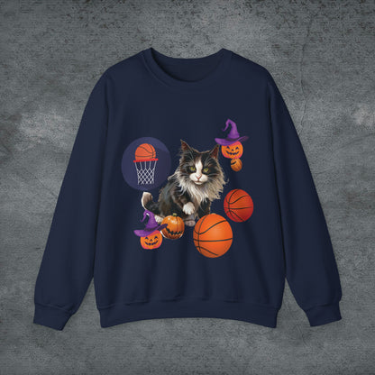 Halloween Cat Basketball Sweatshirt | Playful Feline and Pumpkins - Spooky Sports | Halloween Fun Sweatshirt Sweatshirt M Navy 