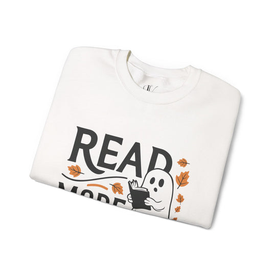 Bookworm Ghost: Spooky Halloween Sweatshirt Sweatshirt Printify