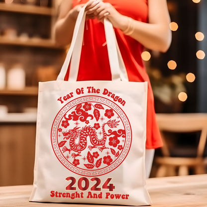 Year of the Dragon Tote Bag - 2024 Chinese Zodiac Canvas Shopper with 5 Strap Colors Accessories   