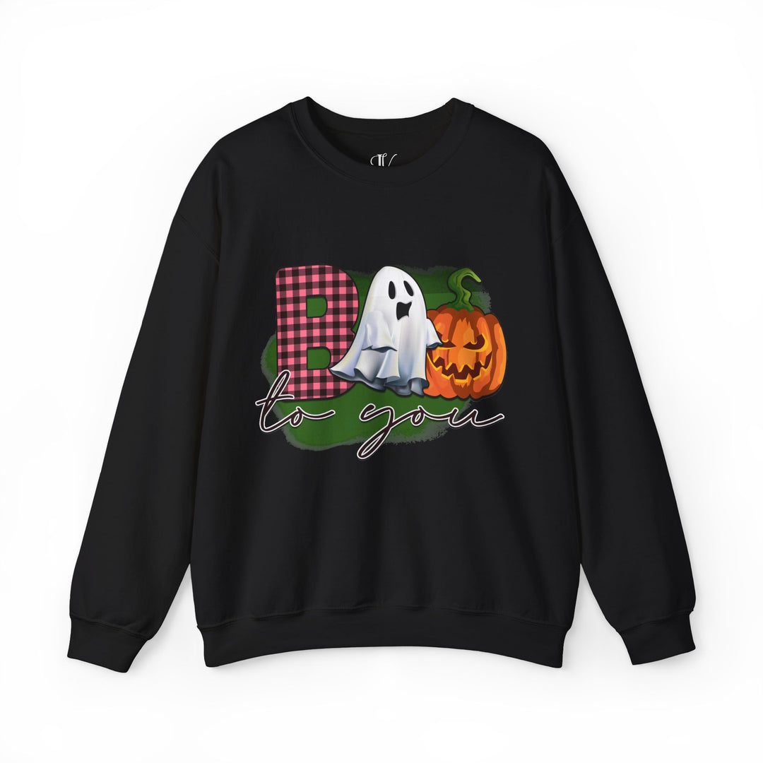 Boo To You! Cute Ghost and Pumpkin Sweatshirt Sweatshirt Printify S Black