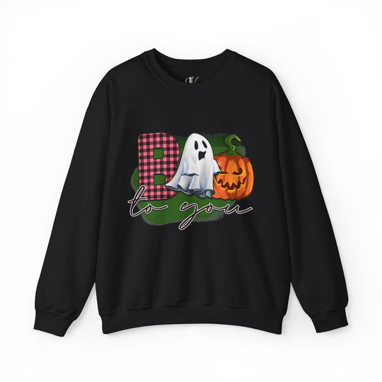 Boo To You! Cute Ghost and Pumpkin Sweatshirt Sweatshirt Printify S Black