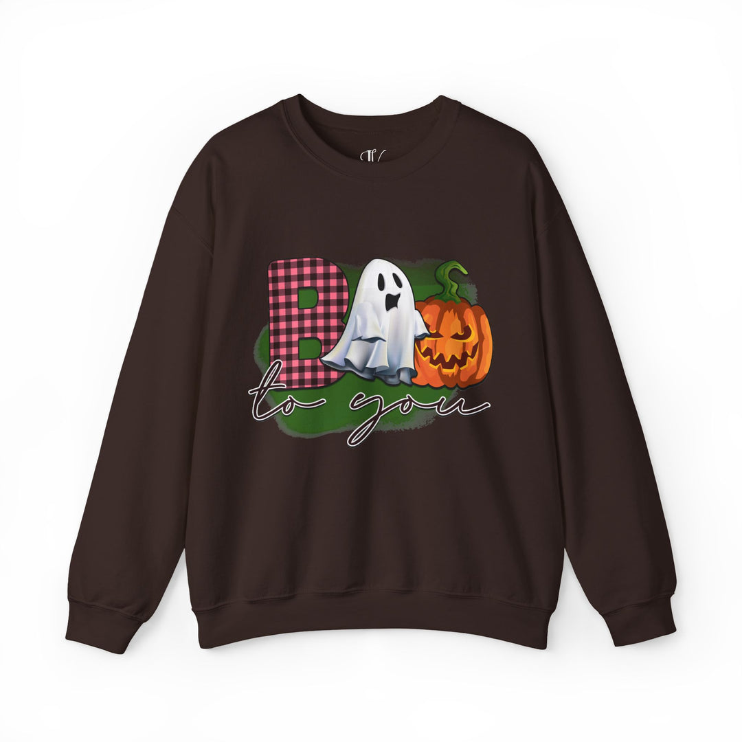Boo To You! Cute Ghost and Pumpkin Sweatshirt Sweatshirt Printify S Dark Chocolate