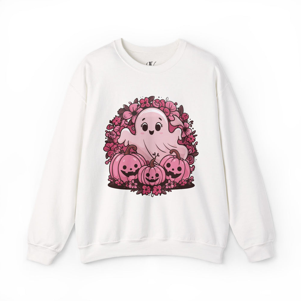 Cute Pink Ghost Halloween Sweatshirt Sweatshirt Printify S White