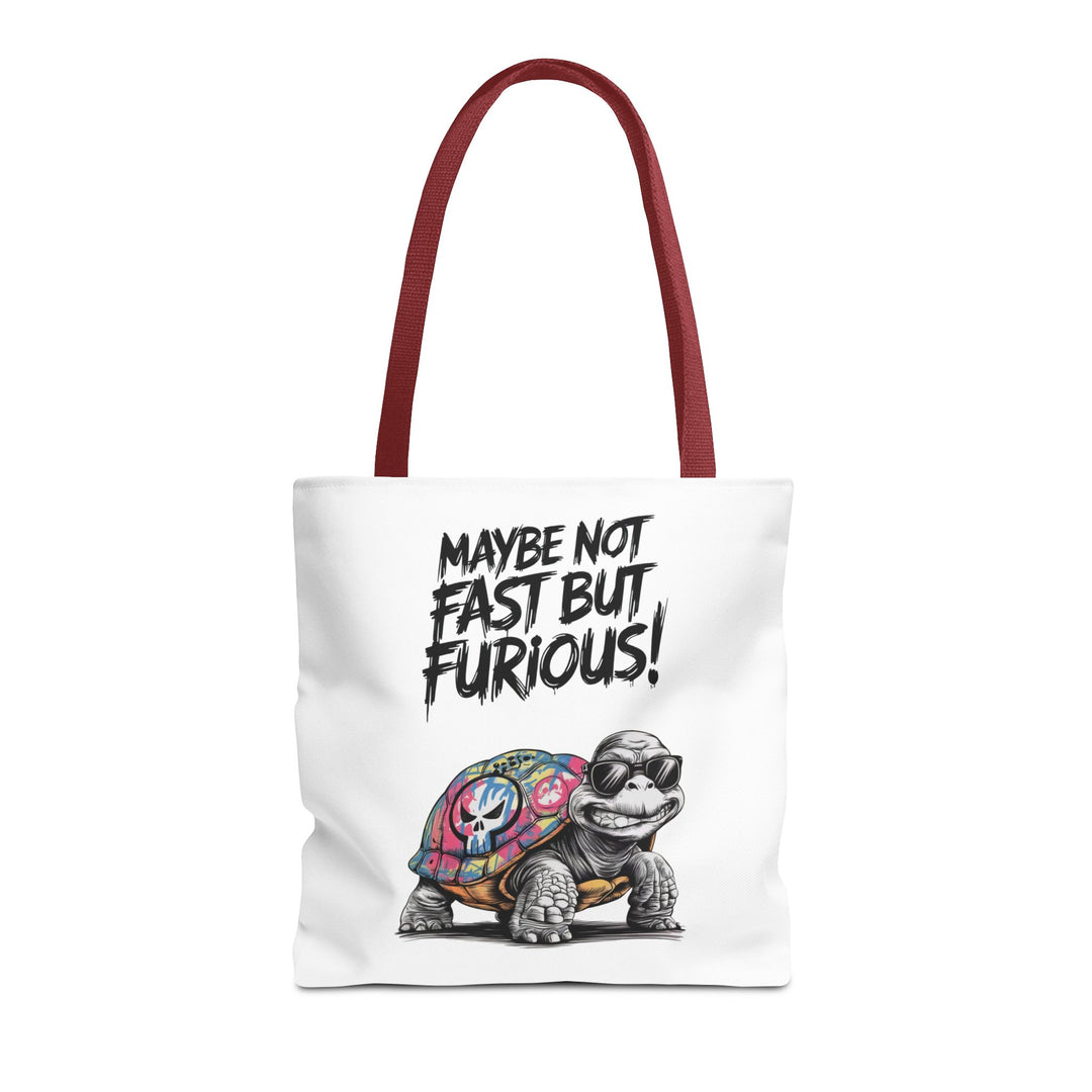 Funny Turtle Tote Bag - Maybe Not Fast But Furious Bags Printify 16" × 16'' Red